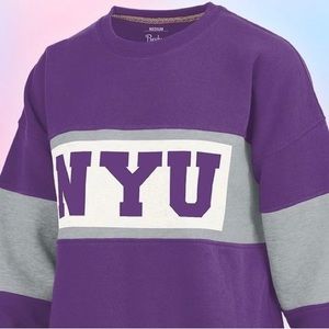 NYU purple and gray sweatshirt